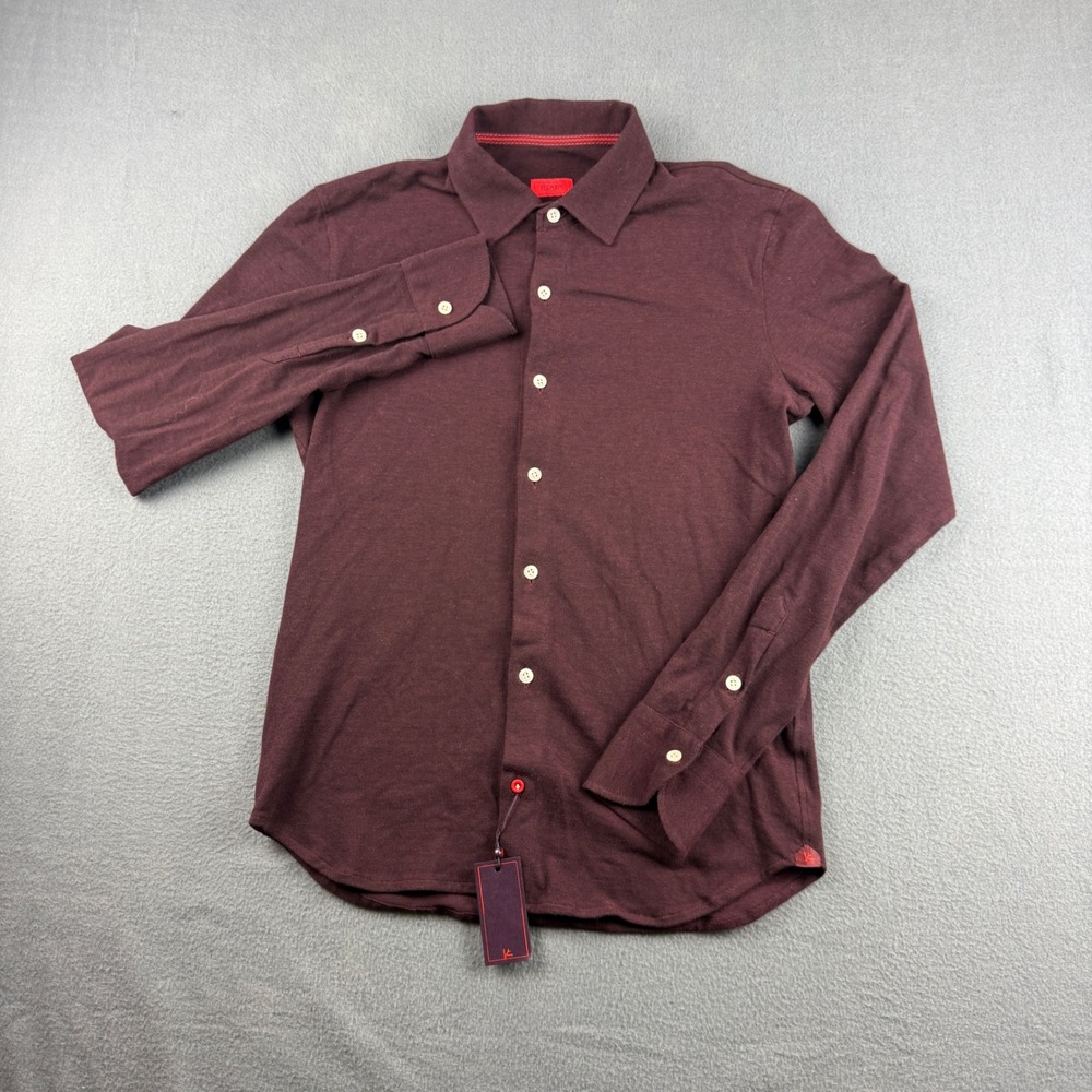 Isaia Napoli Shirt Mens 15.5 Burgundy Long Sleeve Button Up Pique Knit Italy NEW